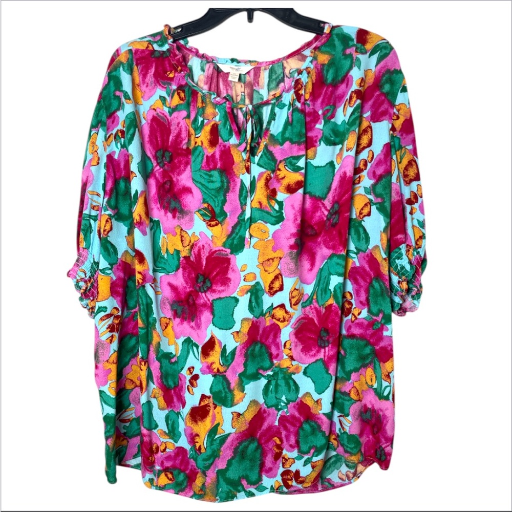 Terra & Sky women’s floral Pink Puff Sleeve Blouse Tie Front size 1X